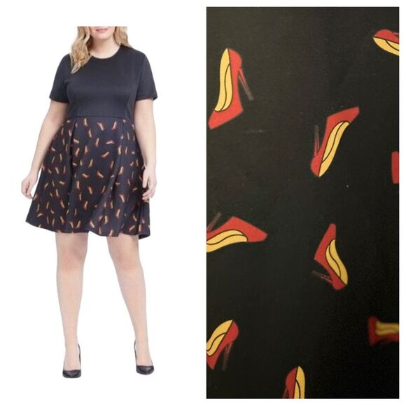 ⭐️Hutch Shoe Print Pleated Short Sleeve Office Party Mid Weight Scuba Dress - Picture 1 of 16